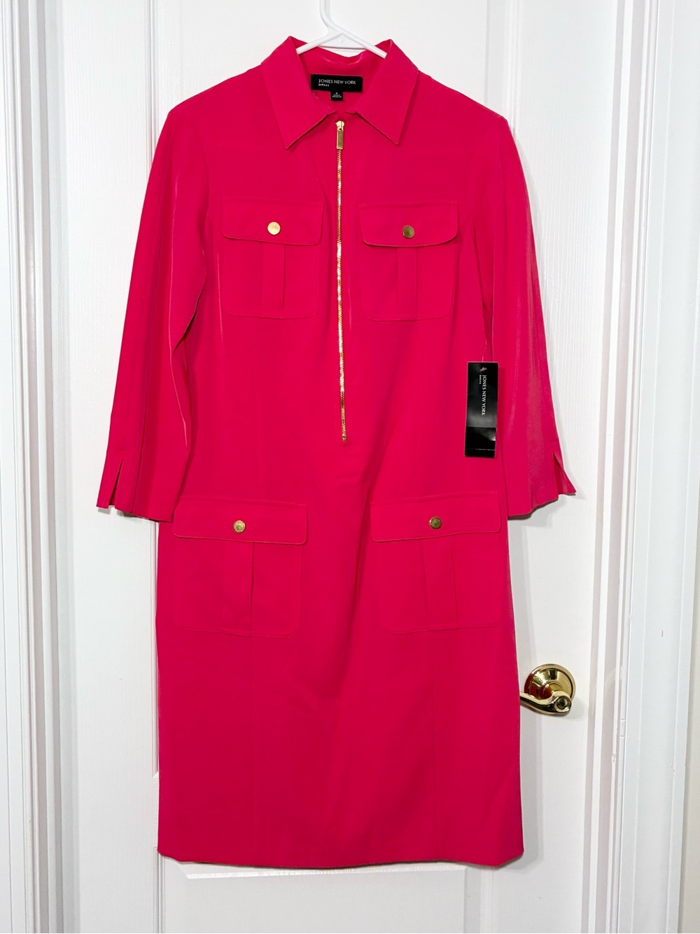 Jones New York Hot Pink Zip-Front Midi Pocket Shirt Dress Size 4